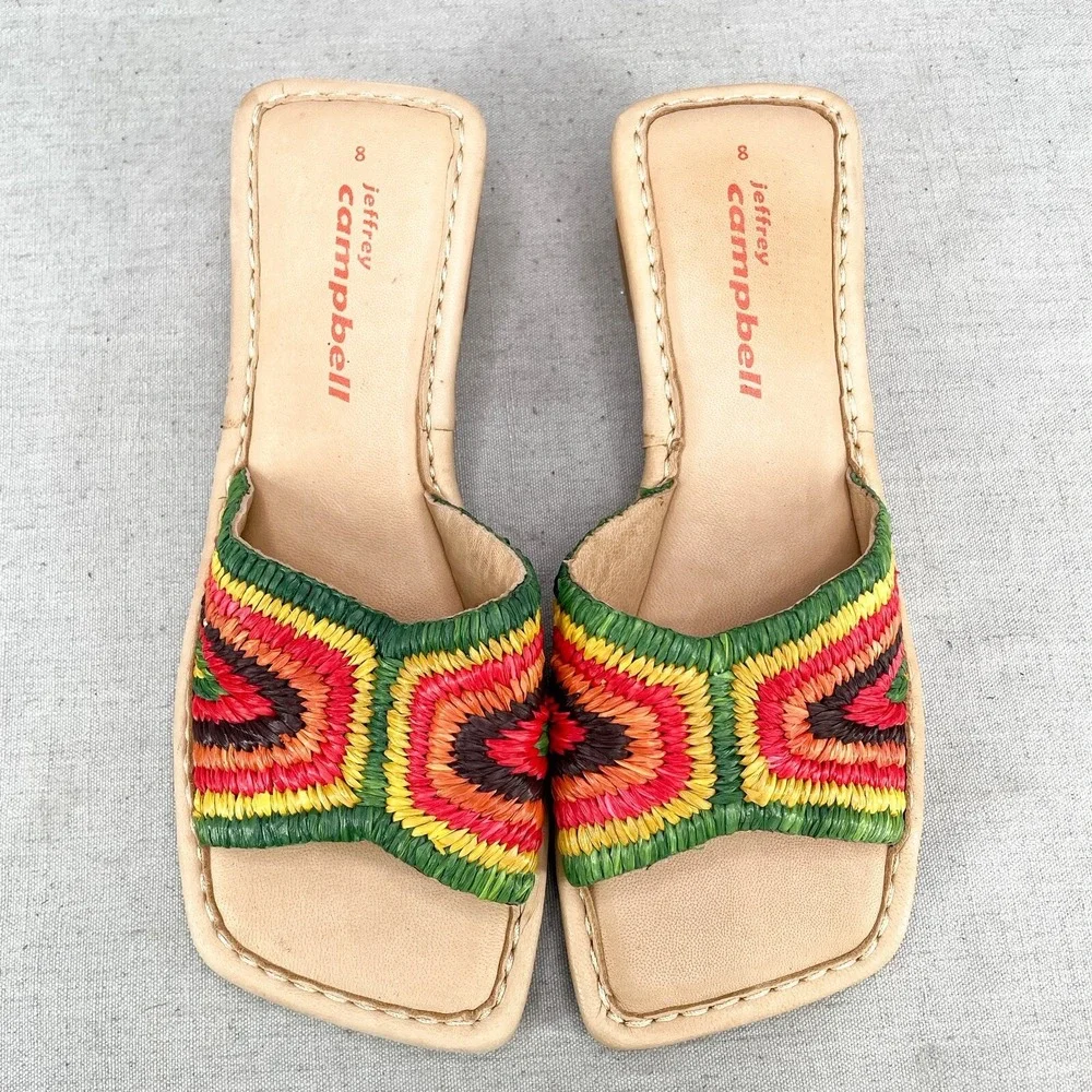 Jeffrey Campbell Womens 8 Dana Raffia Mule Sandals Shoes Slide Square‎ Toe Heel